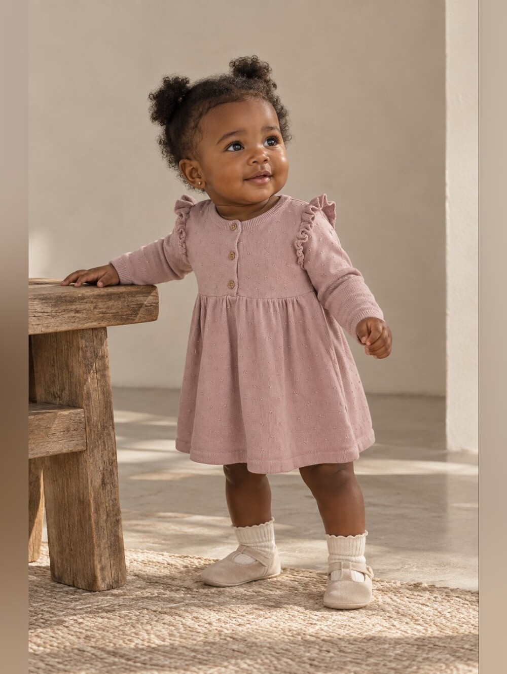 H&M Baby Girls Dusty Pink Knit Ruffle Dress 6-9M 100% Cotton
